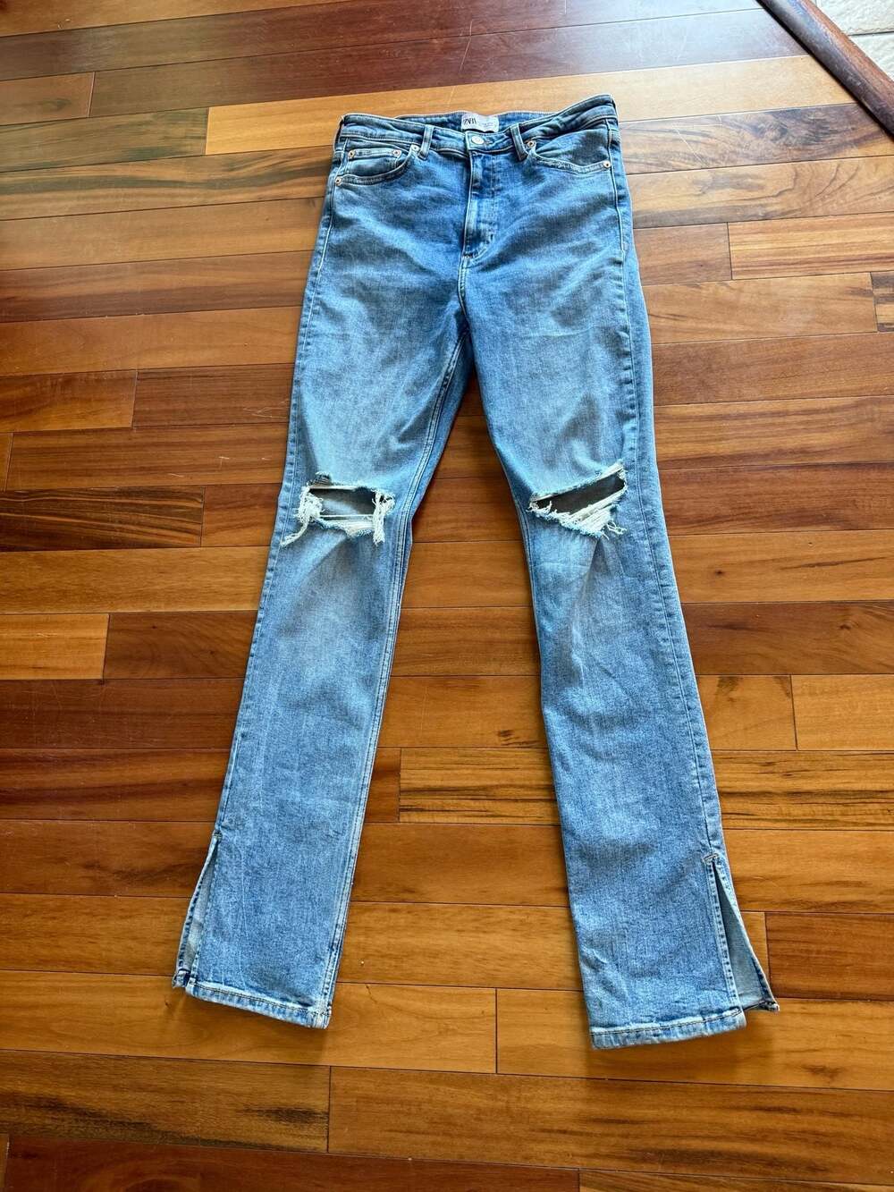 Zara High Rise  Distressed Ripped Knee Jeans with Split Hem, Size 10 (EUR 42)